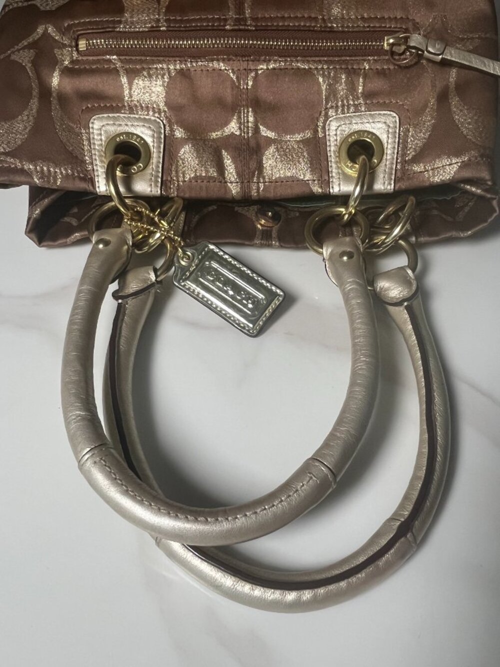 Coach Hampton Weekend Metallic Signature Jacquard Tote Turnlock Satchel 15391 - Picture 13 of 16